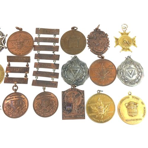 1485 - Predominantly athletic jewels and medallions, some silver including standing high jump awarded to R ... 