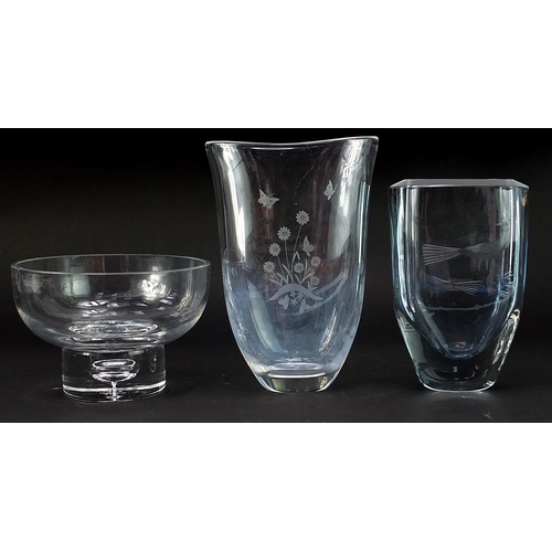 24 - Scandinavian glassware including a large clear vase by Orrefors etched with two butterflies amongst ... 
