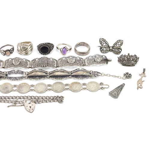 2033 - Silver jewellery including a Siam niello work brooch, bracelets and rings, 110.5g