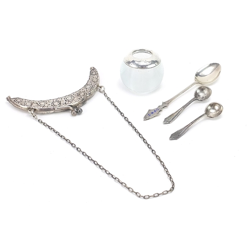 2267 - Silver objects comprising silver mounted globular glass match striker, two mustard spoons, teaspoon ... 