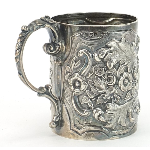 2229 - Walker & Hall, Edwardian silver christening tankard profusely embossed with flowers and foliage, She... 