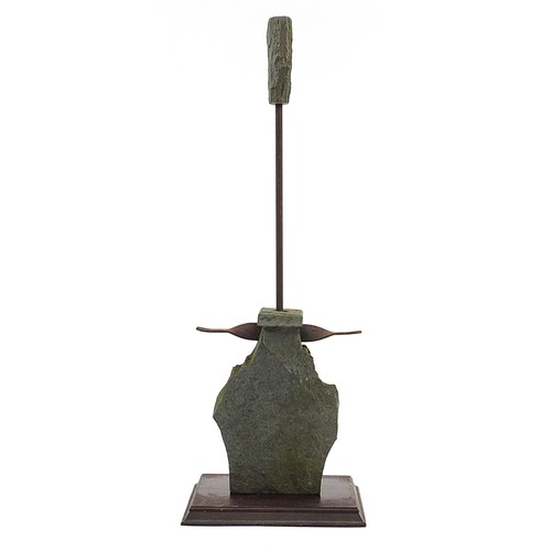 508 - Brutalist granite and iron sculpture on wooden plinth base titled Head and Torso, incised A T marks ... 