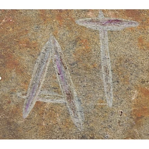 508 - Brutalist granite and iron sculpture on wooden plinth base titled Head and Torso, incised A T marks ... 