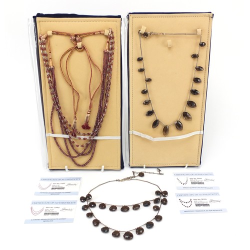 2175 - Four semi precious stone necklaces with silver clasps and certificates comprising mahogany obsidian,... 