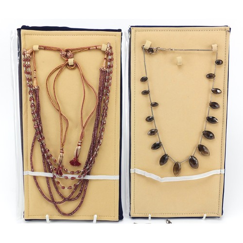 2175 - Four semi precious stone necklaces with silver clasps and certificates comprising mahogany obsidian,... 