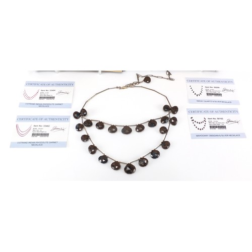 2175 - Four semi precious stone necklaces with silver clasps and certificates comprising mahogany obsidian,... 