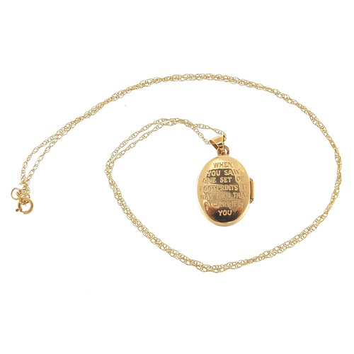 2016 - 9ct gold oval footprint locket on a 9ct gold necklace, 2.3cm high and 44cm in length, 1.8g