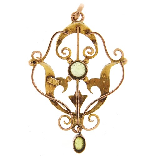 1668 - Art Nouveau 9ct gold peridot and seed pearl pendant, 3.5cm high, 2.5g