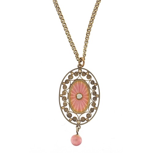 1772 - Silver and pink guilloche enamel drop pendant on necklace, 4.5cm high and 42cm in length, 8.6g