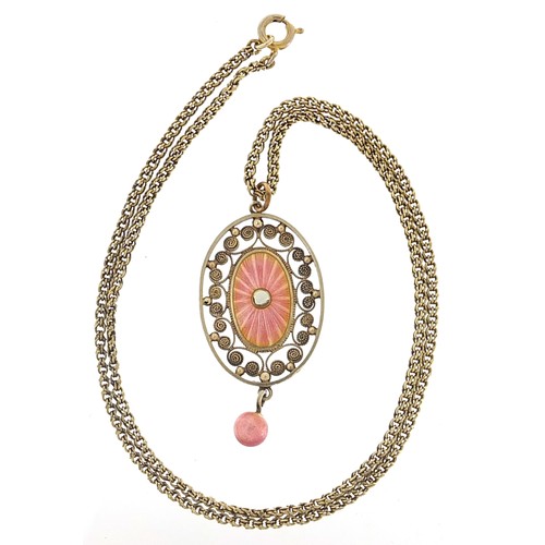 1772 - Silver and pink guilloche enamel drop pendant on necklace, 4.5cm high and 42cm in length, 8.6g