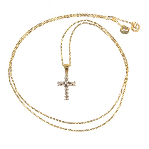 1955 - 9ct gold diamond cross pendant on a 9ct gold necklace, 1.6cm high and 45cm in length, 1.6g