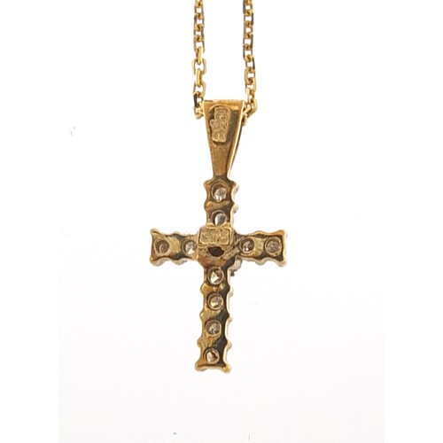 1955 - 9ct gold diamond cross pendant on a 9ct gold necklace, 1.6cm high and 45cm in length, 1.6g