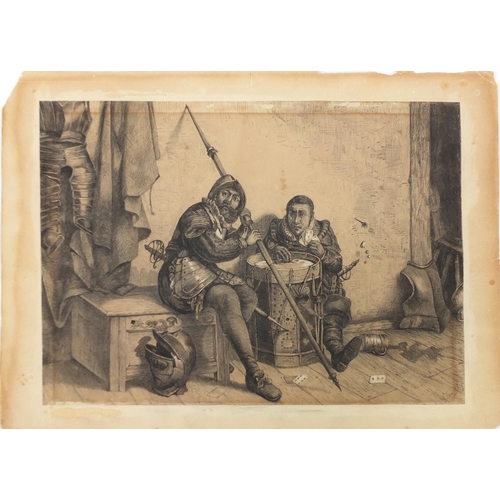 952 - Two soldiers wearing 17th century dress playing cards in an interior, 19th century heightened pencil... 