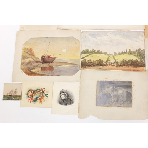 632 - Collection of 19th century and later watercolours, inks and pencil sketches including landscapes, st... 