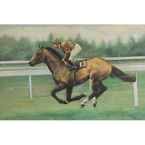 313 - Guy Woods - Willie Carson on Petoski, horse racing interest oil on canvas, framed, 90cm x 59.5cm exc... 