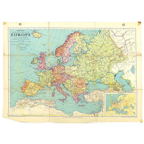 1288 - Five 1950’s Philips educational map wall hangings, comprising map of Europe, World Relations Relief ... 