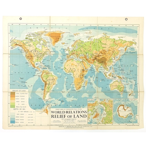 1288 - Five 1950’s Philips educational map wall hangings, comprising map of Europe, World Relations Relief ... 