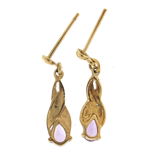 1746 - Pair of 9ct gold amethyst and diamond drop earrings, 19mm high, 1.0g