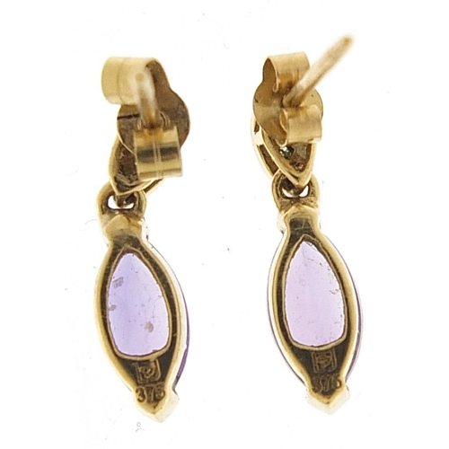 1789 - Pair of 9ct gold amethyst and diamond drop earrings, 15mm high, 1.0g