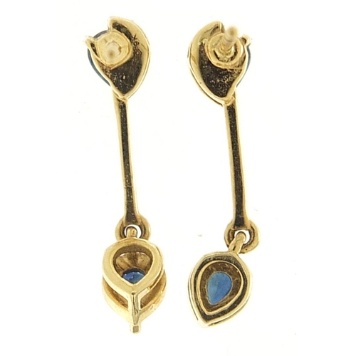 1730 - Pair of 9ct gold sapphire and diamond drop earrings, 22mm high, 2.4g