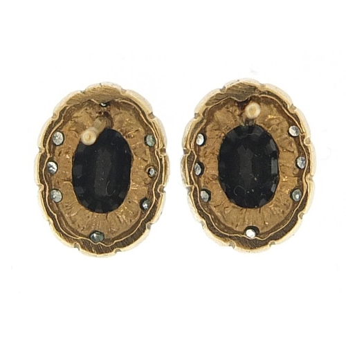 1697 - Pair of 9ct gold sapphire and diamond stud earrings, 12mm high, 2.7g