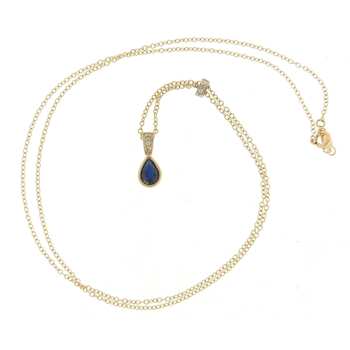 1729 - Mexican 10ct gold sapphire and diamond tear drop pendant on 10ct gold necklace, 44cm in length, 0.8g