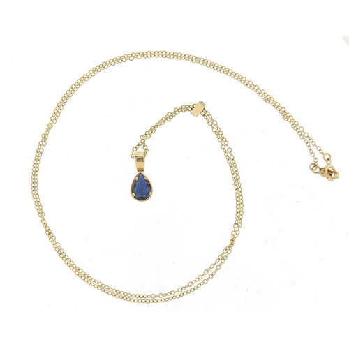 1729 - Mexican 10ct gold sapphire and diamond tear drop pendant on 10ct gold necklace, 44cm in length, 0.8g