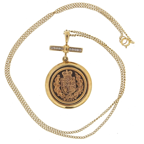 1721 - Elizabeth II 2002 gold half sovereign with 9ct gold diamond pendant mount on a 9ct gold necklace, ho... 