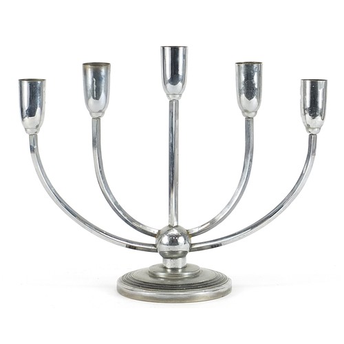 578 - Art Deco chrome and enamel five branch candelabra, 27.5cm high