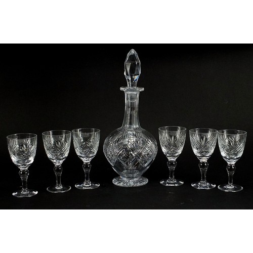 540 - Thomas Webb St Andrew's pattern wine decanter with six claret glasses, 32.5cm high