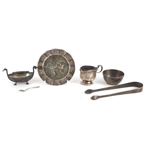 2279 - Georgian and later silver objects including a pair of sugar tongs, Arts & Crafts circular salt and a... 