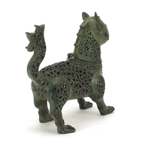 209 - Islamic patinated bronze mythical animal incense burner with hinged head, 17.5cm in length