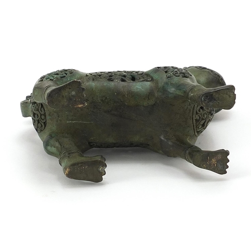 209 - Islamic patinated bronze mythical animal incense burner with hinged head, 17.5cm in length