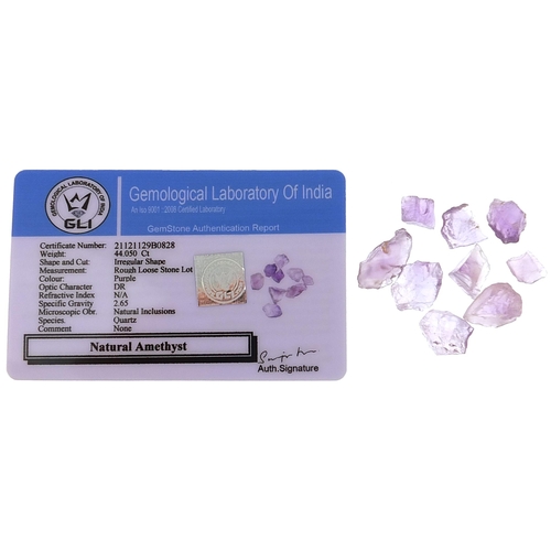 2114 - Group of rough amethyst gemstones with certificate, approximately 44.050 carat