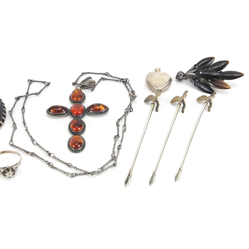 2108 - Silver jewellery including a large amber cross pendant on necklace, marcasite rings, agate pendant a... 