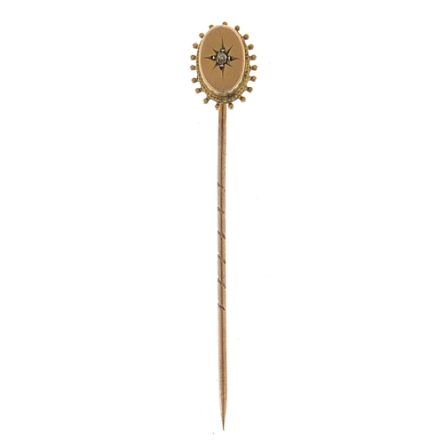 2111 - Victorian 9ct gold diamond stick pin, housed in a Cecil J Caplin fitted box, 4.5cm in length, 1.0g