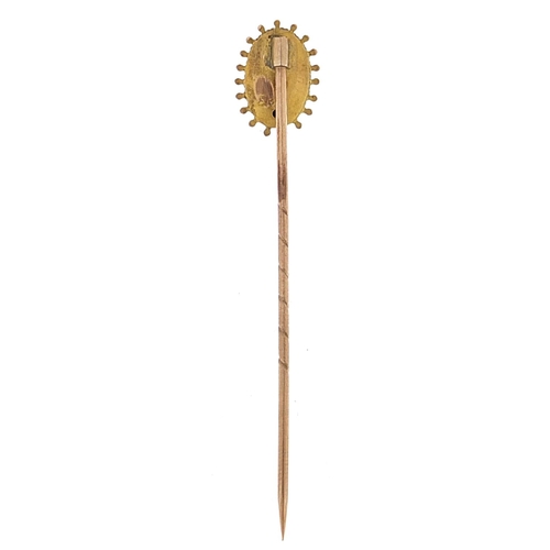 2111 - Victorian 9ct gold diamond stick pin, housed in a Cecil J Caplin fitted box, 4.5cm in length, 1.0g