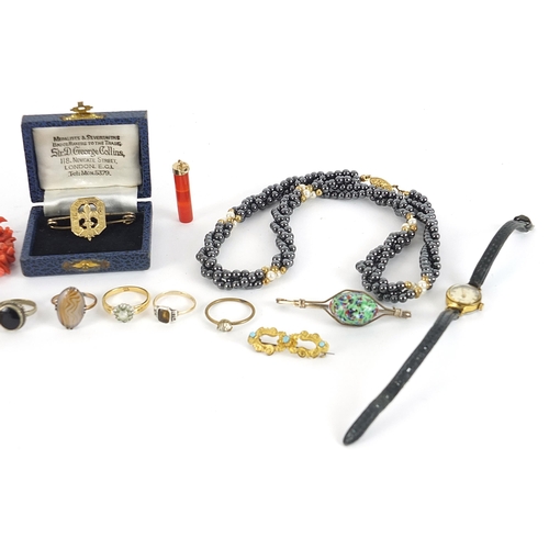 2113 - Vintage and later jewellery including a 9ct gold smoky quartz ring, carnelian pendants, coral neckla... 