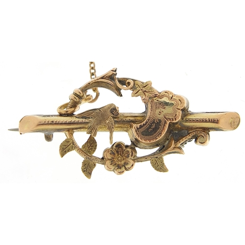 2115 - Victorian 9ct gold brooch with a bird and flowers, Birmingham 1896, 4cm wide, 2.9g