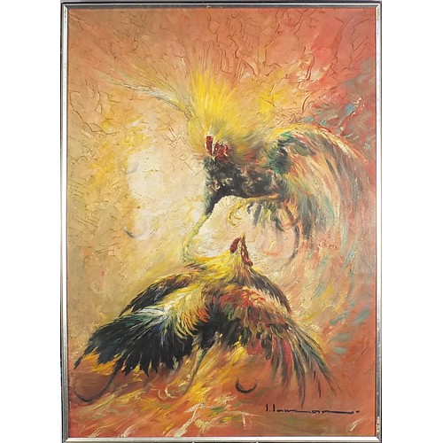 970 - Suharyo Saman - Cock Fighting, Impressionist oil on canvass, indistinctly signed possibly J Jansen..... 