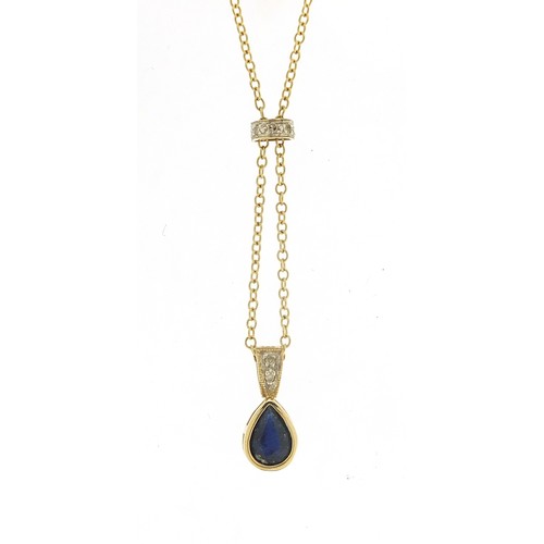 1729 - Mexican 10ct gold sapphire and diamond tear drop pendant on 10ct gold necklace, 44cm in length, 0.8g