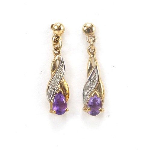 1746 - Pair of 9ct gold amethyst and diamond drop earrings, 19mm high, 1.0g