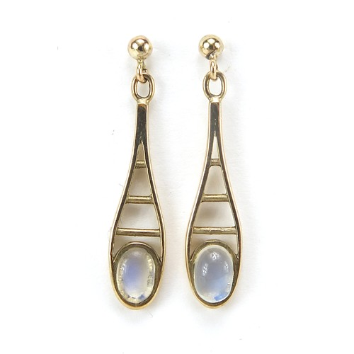 1675 - Pair of unmarked gold cabochon moonstone drop earrings, tests as 9ct gold, 28mm high, 2.1g