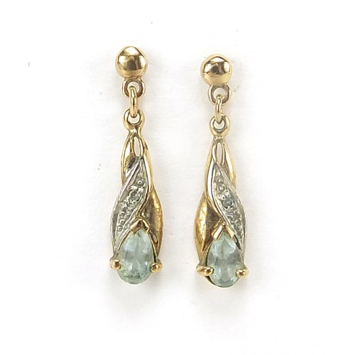 2041 - Pair of 9ct gold diamond and blue stone drop earrings, possibly aquamarine or topaz, 20mm high, 1.1g