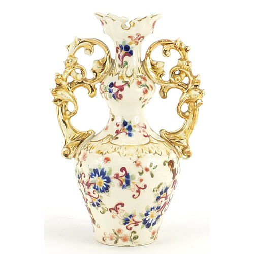 250 - Zsolnay Pecs, Hungarian pottery vase with twin handles hand painted with stylized flowers, Fischer J... 