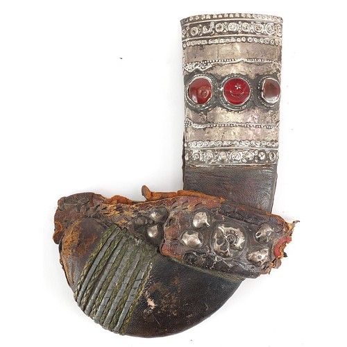 439 - Omani Jambiya dagger with silver mounted leather sheath inset with three agate type panels, 27cm in ... 