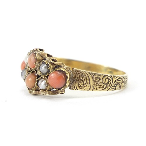 1662 - Victorian yellow metal ring set with coral and seed pearls with engraved shoulders, size Q, 1.9g