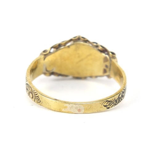 1662 - Victorian yellow metal ring set with coral and seed pearls with engraved shoulders, size Q, 1.9g