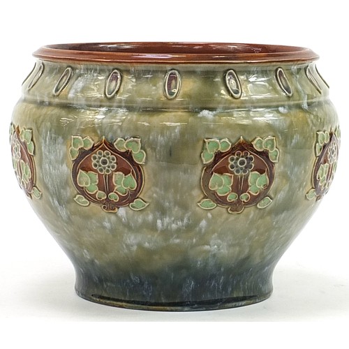 321 - Royal Doulton, Art Nouveau stoneware jardiniere hand painted with stylised flowers, 18cm high x 24cm... 