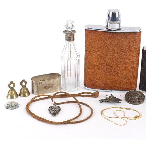 1234 - Objects including silver napkin ring, silver mounted scent bottle and hip flasks, the largest 15cm h... 